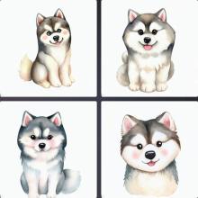 動物、イラスト、水彩画、かわいい、犬、ハスキー