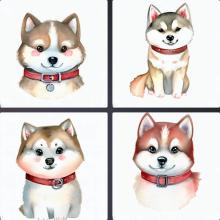 動物、イラスト、水彩画、かわいい、犬、ハスキー、首輪、赤色
