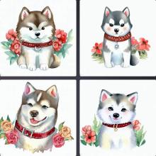 動物、イラスト、水彩画、かわいい、犬、ハスキー、首輪、赤色、花畑