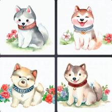 動物、イラスト、水彩画、かわいい、犬、ハスキー、首輪、赤色、花畑で遊ぶ