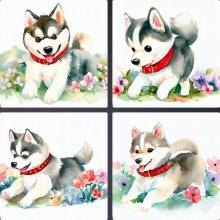 水彩画のイラスト、花畑で遊ぶ赤色の首輪をしたかわいいハスキー犬